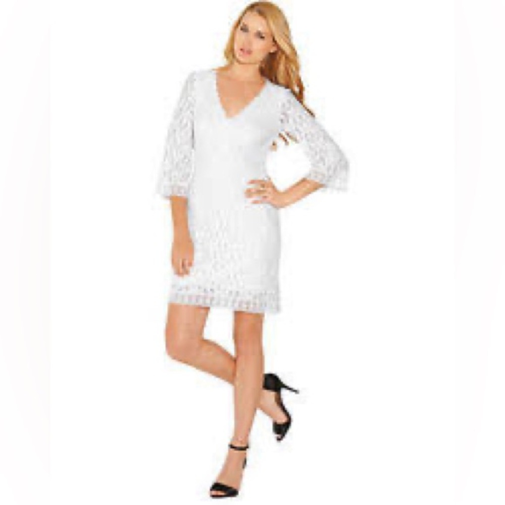 🕠 Laundry By Shelli Segal | White Lace Shift Mini | Keyhole | 3/4 Sleeve | 4